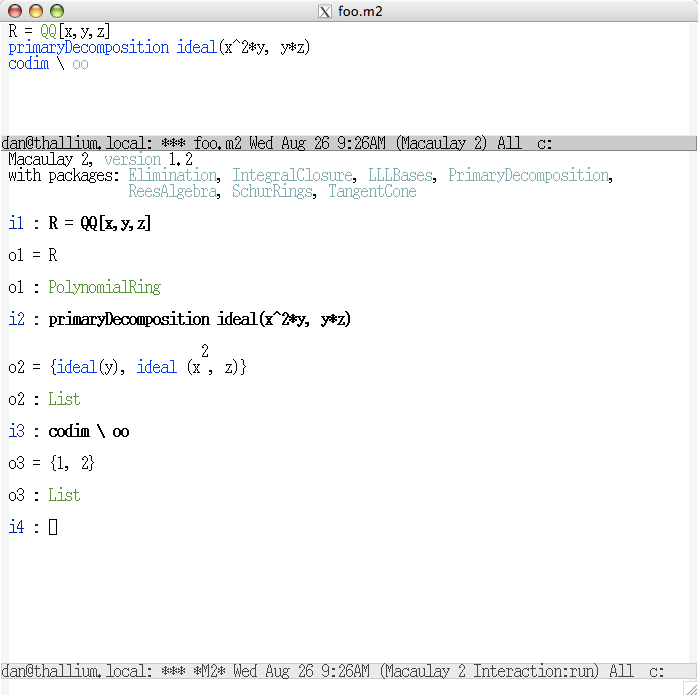 screenshot of Macaulay 2 running with emacs as user interface